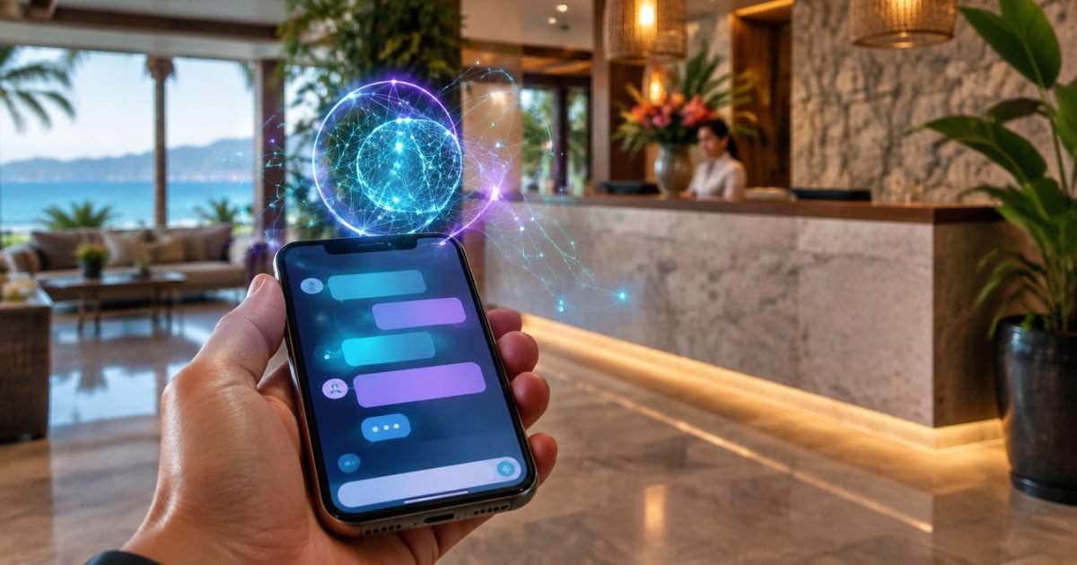 Celular con una conversación de chat y una red luminosa de inteligencia artificial en la recepción de un hotel