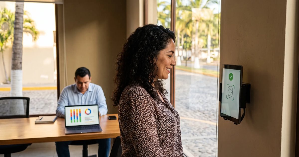 Colaboradora registrando su entrada en un checador en línea con reconocimiento facial
