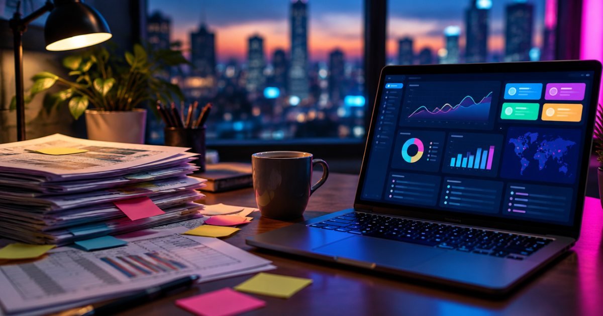 Hojas de cálculo impresas junto a una laptop con un tablero digital ordenado