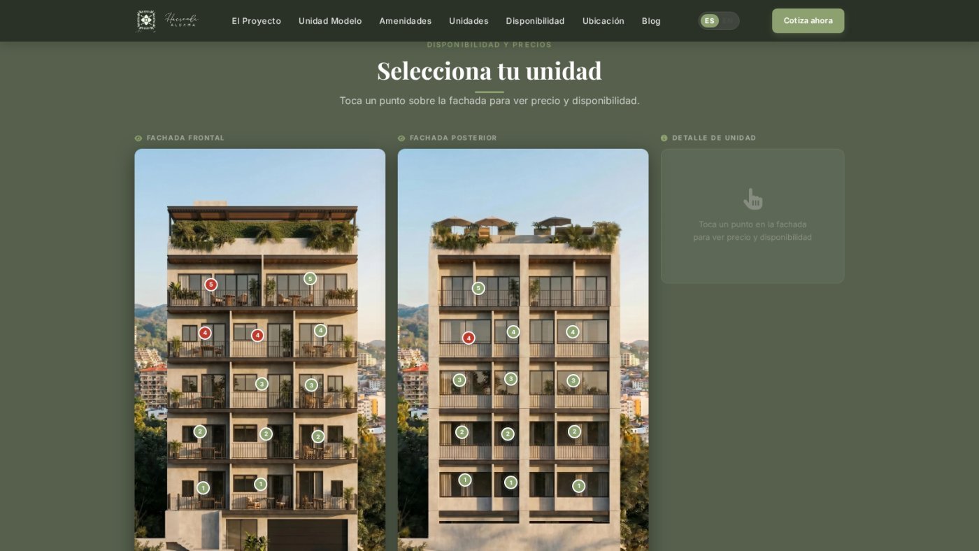 The availability checker: one marker per unit over the front and rear facades.