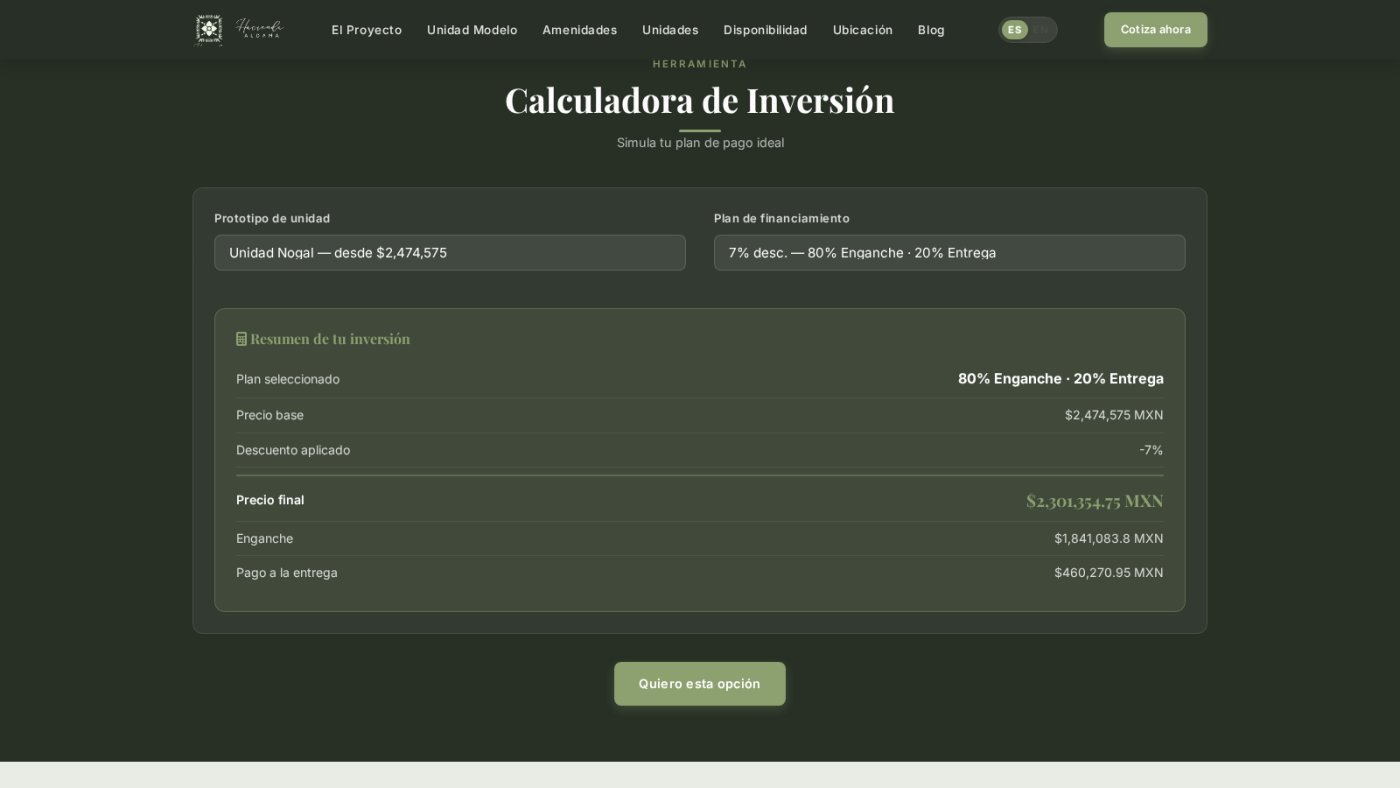 The investment calculator: layout and payment plan give final price, down payment and delivery.